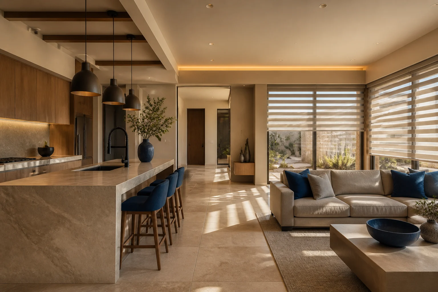 Interior transformado por Multiacabados — sala con acabados premium y persianas