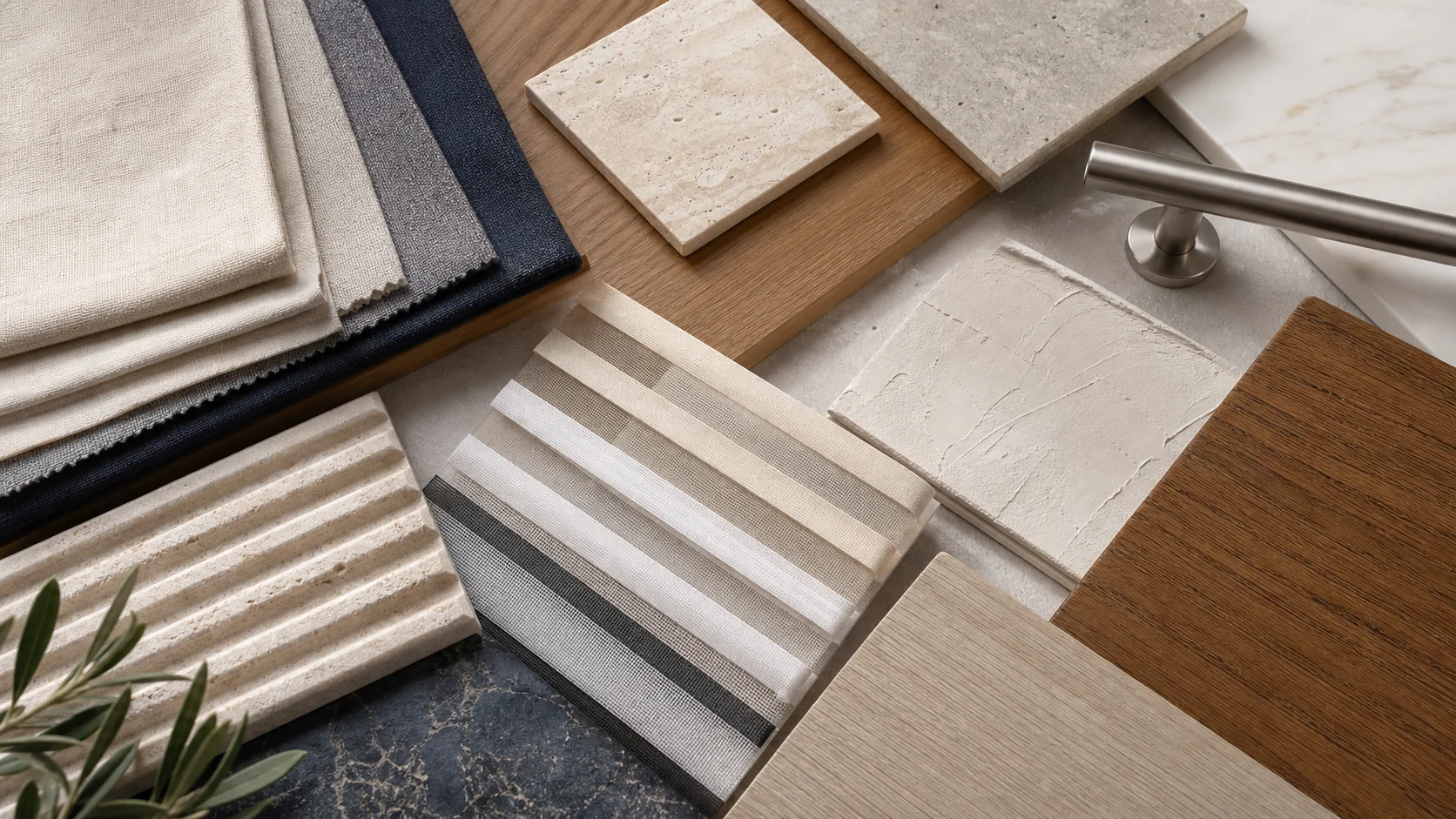 Selección de materiales — piedra, madera, tela, muestras