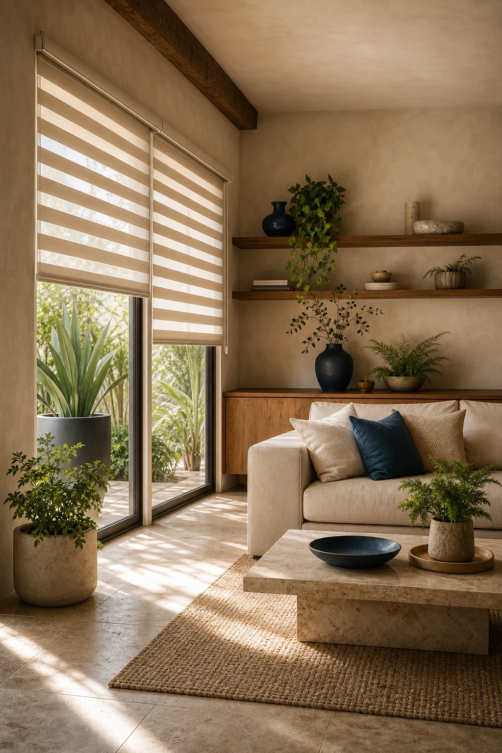 Sala de estar con persianas y decoración — Multiacabados