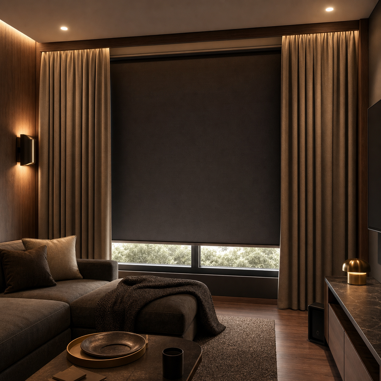 Persianas blackout y cortinas instaladas en sala de entretenimiento