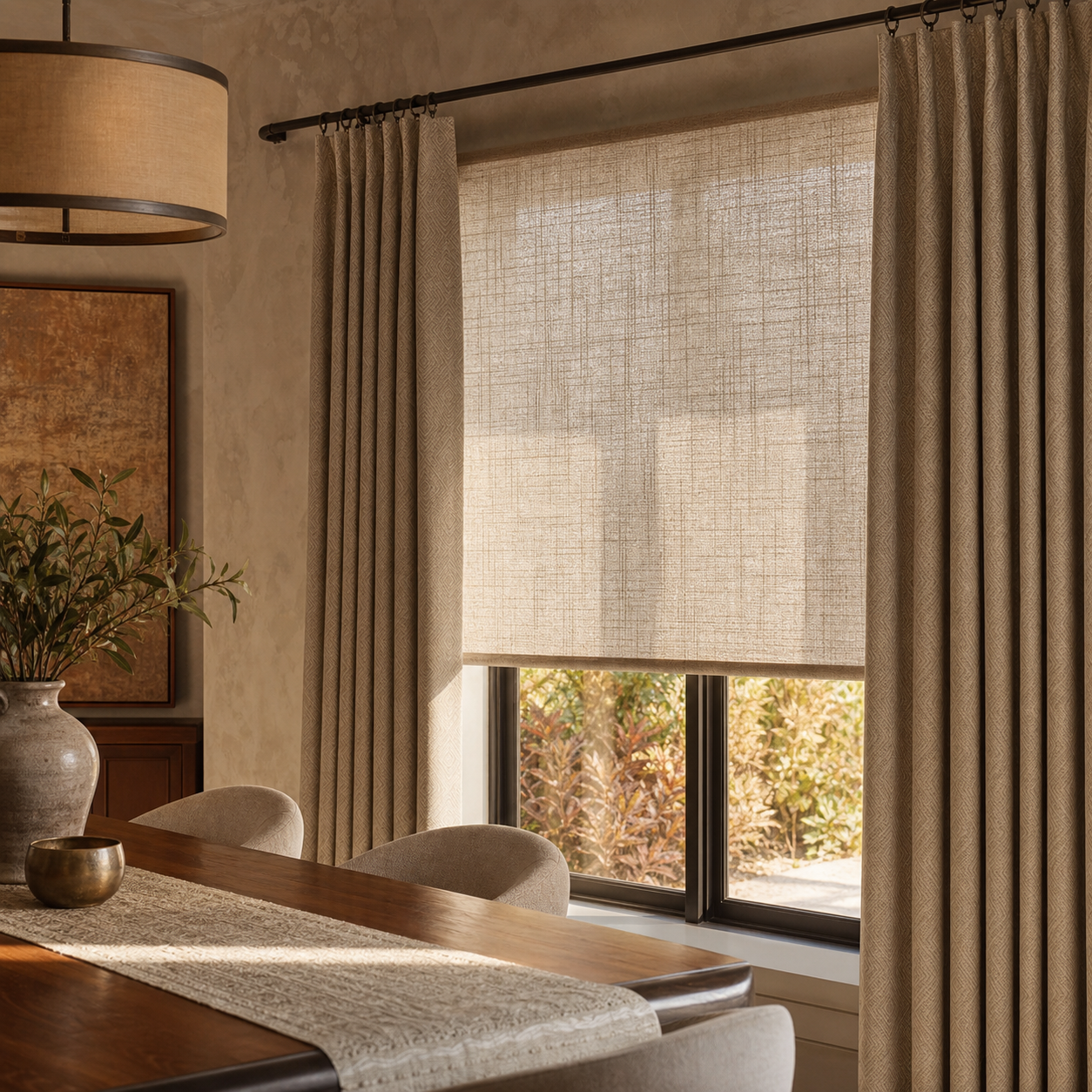 Persianas decorativas y cortinas en comedor residencial
