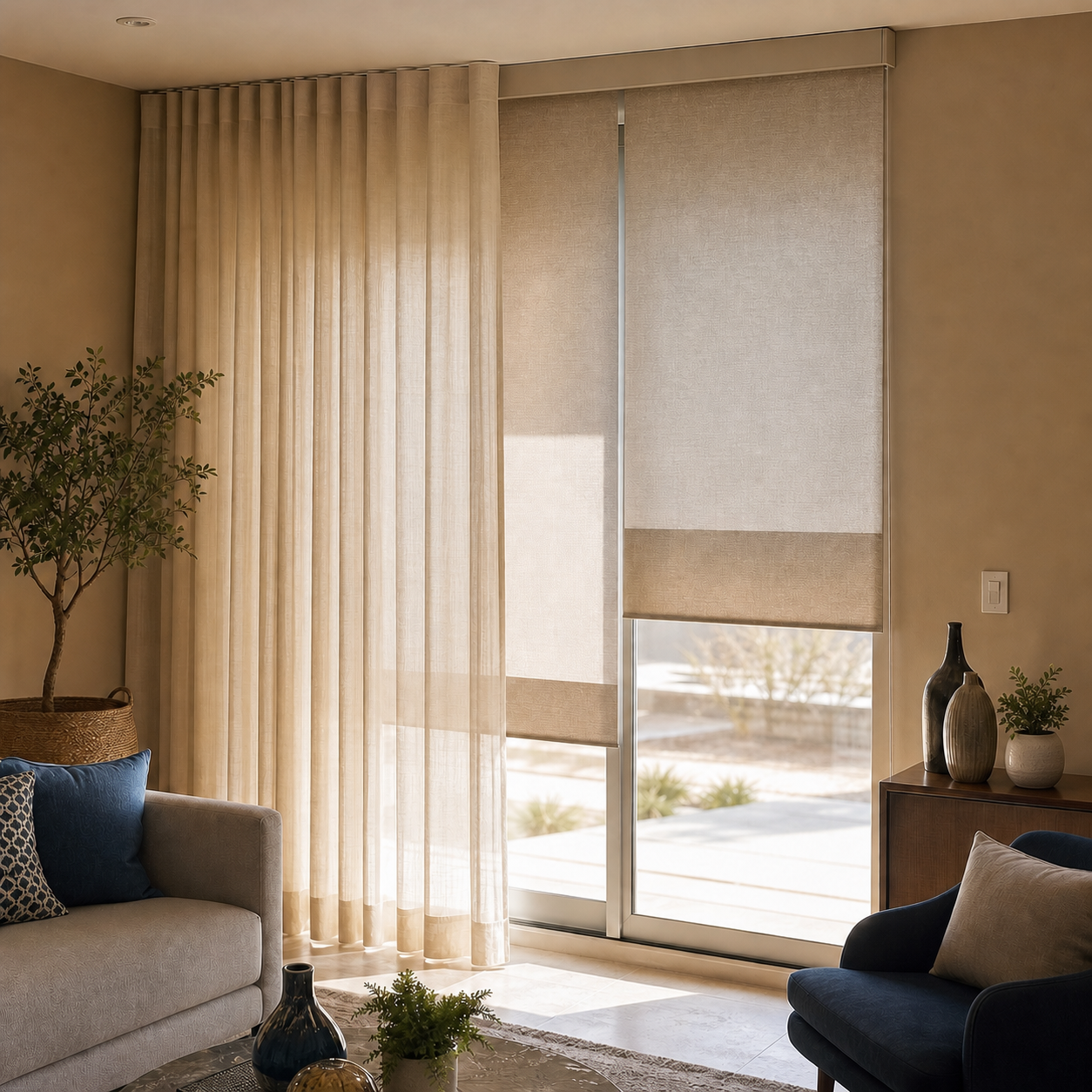 Persianas enrollables y cortinas translúcidas instaladas en sala