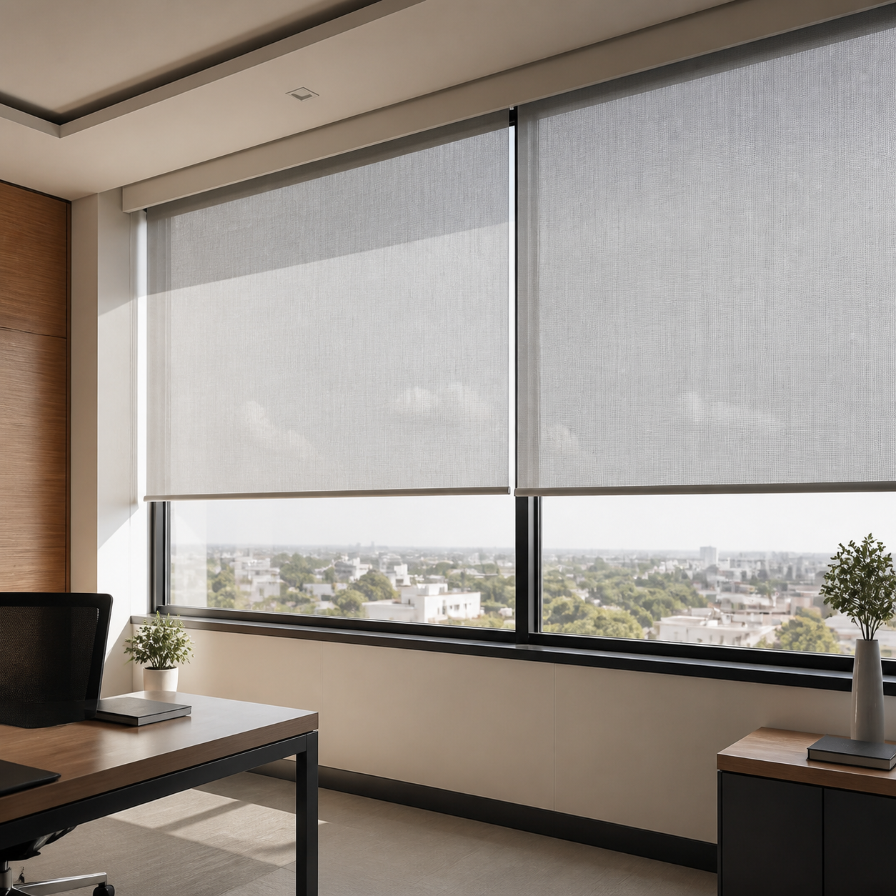 Persianas screen instaladas en oficina para filtrar luz solar